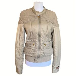DIESEL Y2K Quilted Bomber Jacket Textured Yoke Full Zip Women's Size M Beige Tan
